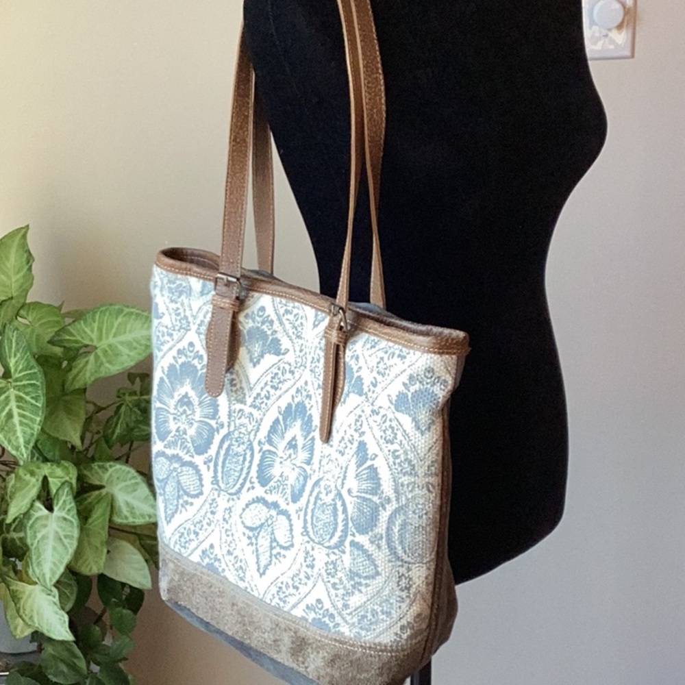 Myra canvas/hairon with leather trim tote bag.